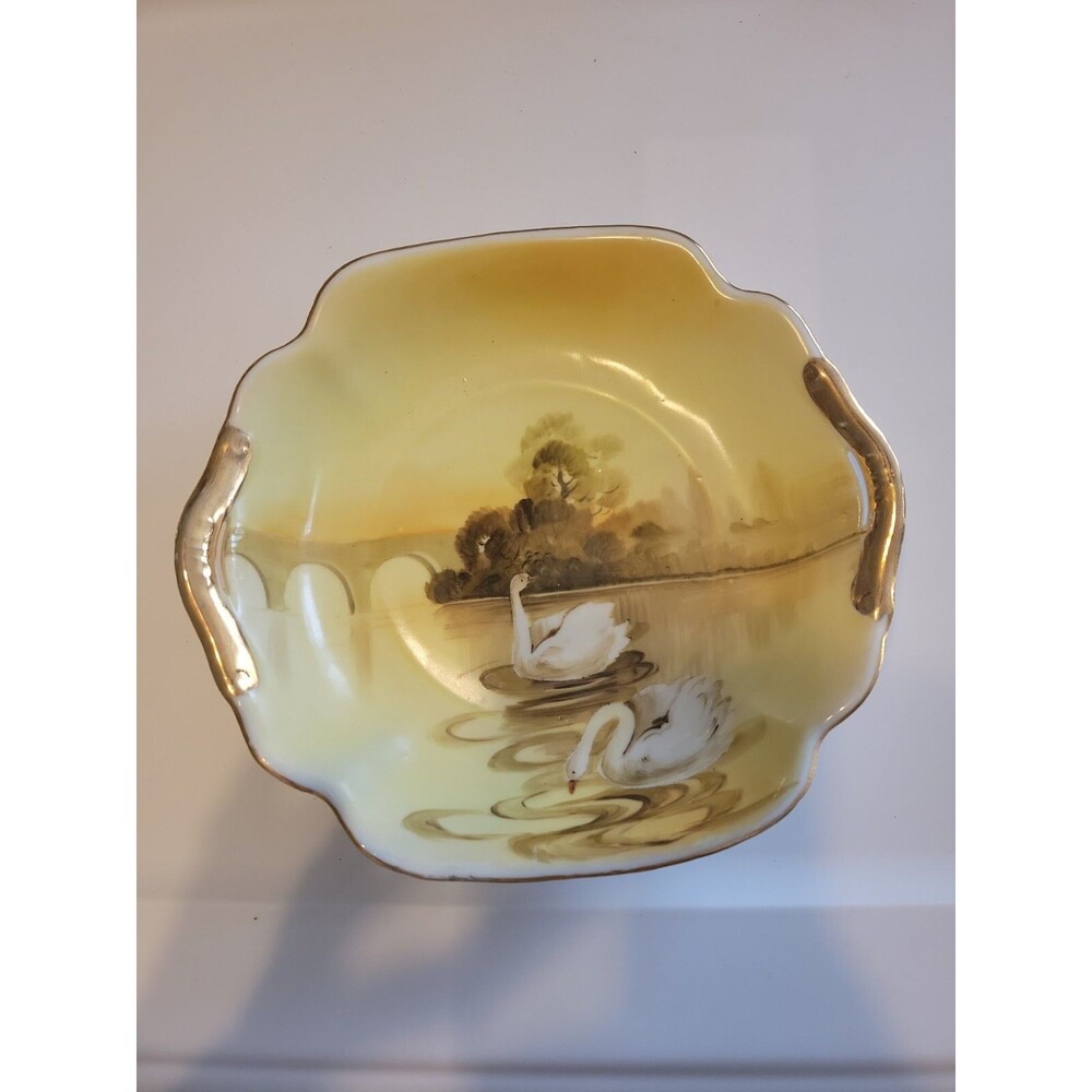 Antique Hand Painted Nippon Elite B 7.5" Bowl Bridge Tree Swans Goldtone Handles